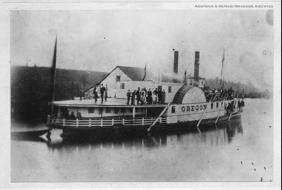 Rare photograph of the Oregon steamer, dated to around 1846, with crew and the public visible on the front and rear decks..