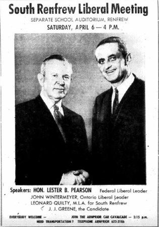 Ad in The Arnprior Chronicle in Spring 1963, featuring Lester B. Pearson and J. J. Greene, Liberal candidate.